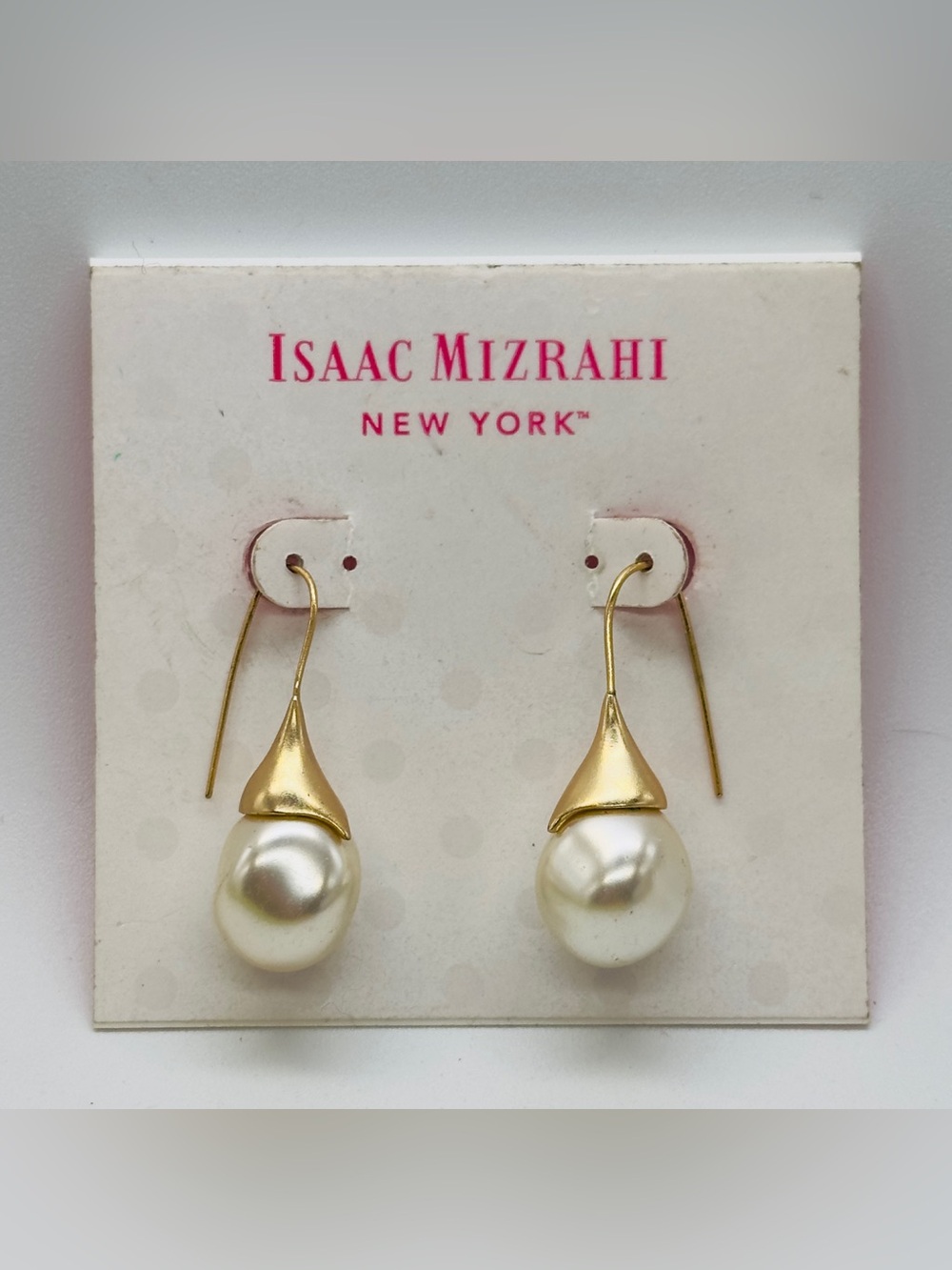 Issac Mizrahi Gold Tone Faux Pearl Drop Earrings Hook Delicate NWT
